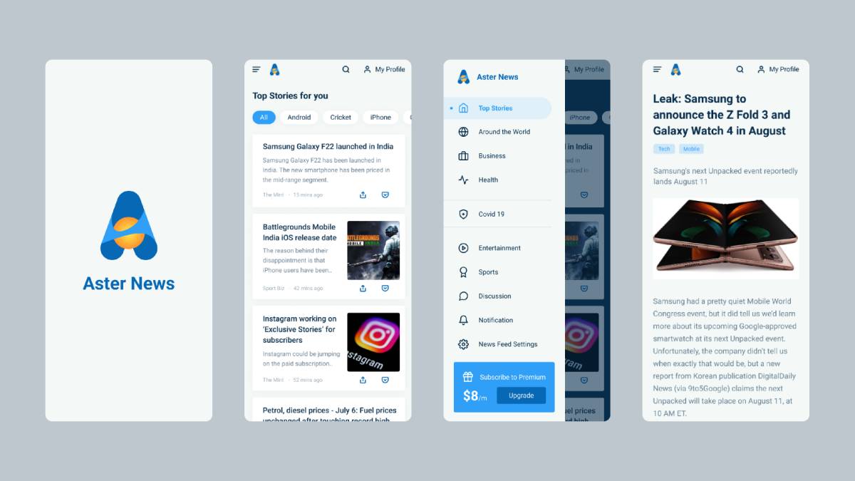 Aster News - Figma mobile app | UI4Free