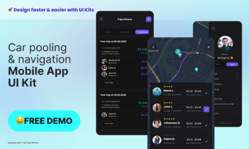 Car Pooling & Navigation UI Kit Figma Mobile Template | UI4Free