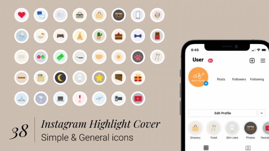 Instagram Highlight cover - 38 general and simple icons figma free