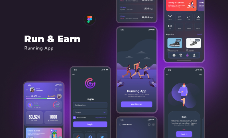 Run & Earn Figma Free Mobile Template | UI4Free